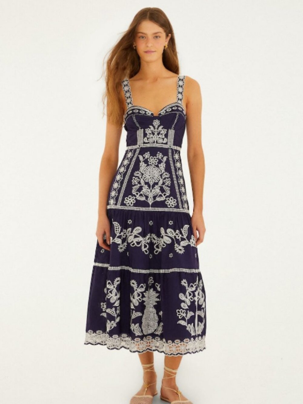 Farm Rio blue richelieu embroidered midi dress Sz M - Picture 2 of 5